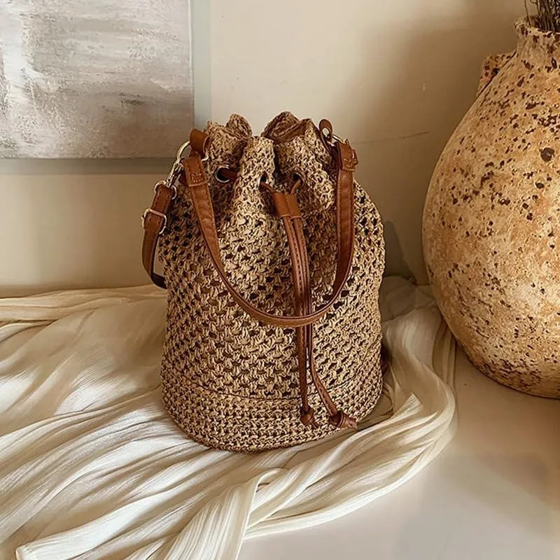 Drawstring Straw Bag Small Crossbody Purses Women Y2k Beach Crochet Bucket Bags Cute Purse Trendy 2025 Summer