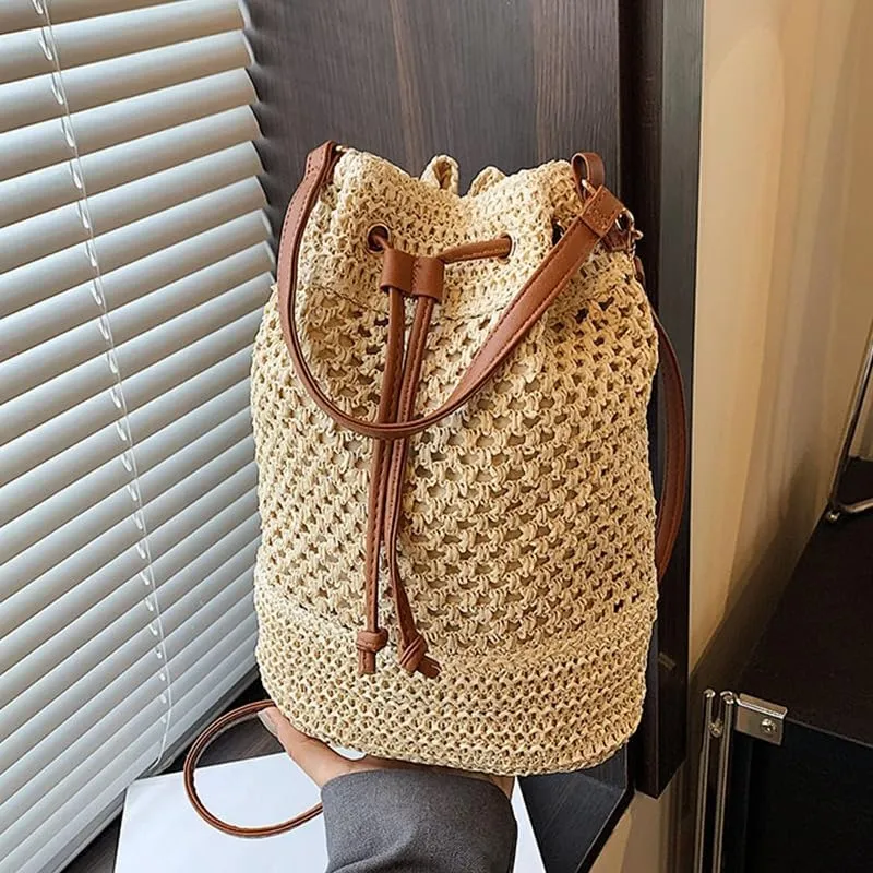 Drawstring Straw Bag Small Crossbody Purses Women Y2k Beach Crochet Bucket Bags Cute Purse Trendy 2025 Summer