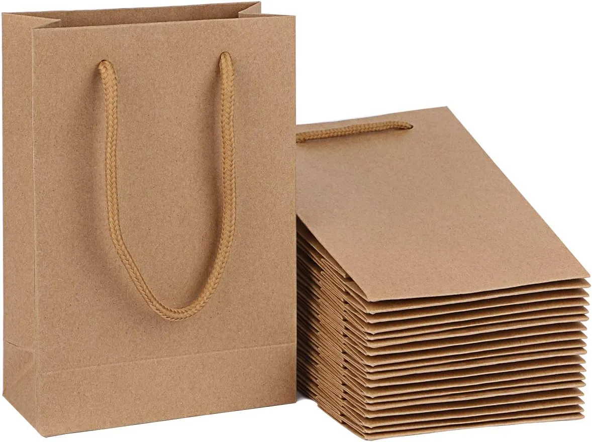 driew Kraft Gift Bags, Small Brown Paper Favor Bags with Handles Gift Bags Kraft Paper Bags 5x2x7.5 inches with Cotton Handle for Party Craft Takeouts Business,Shopping Pack of 50