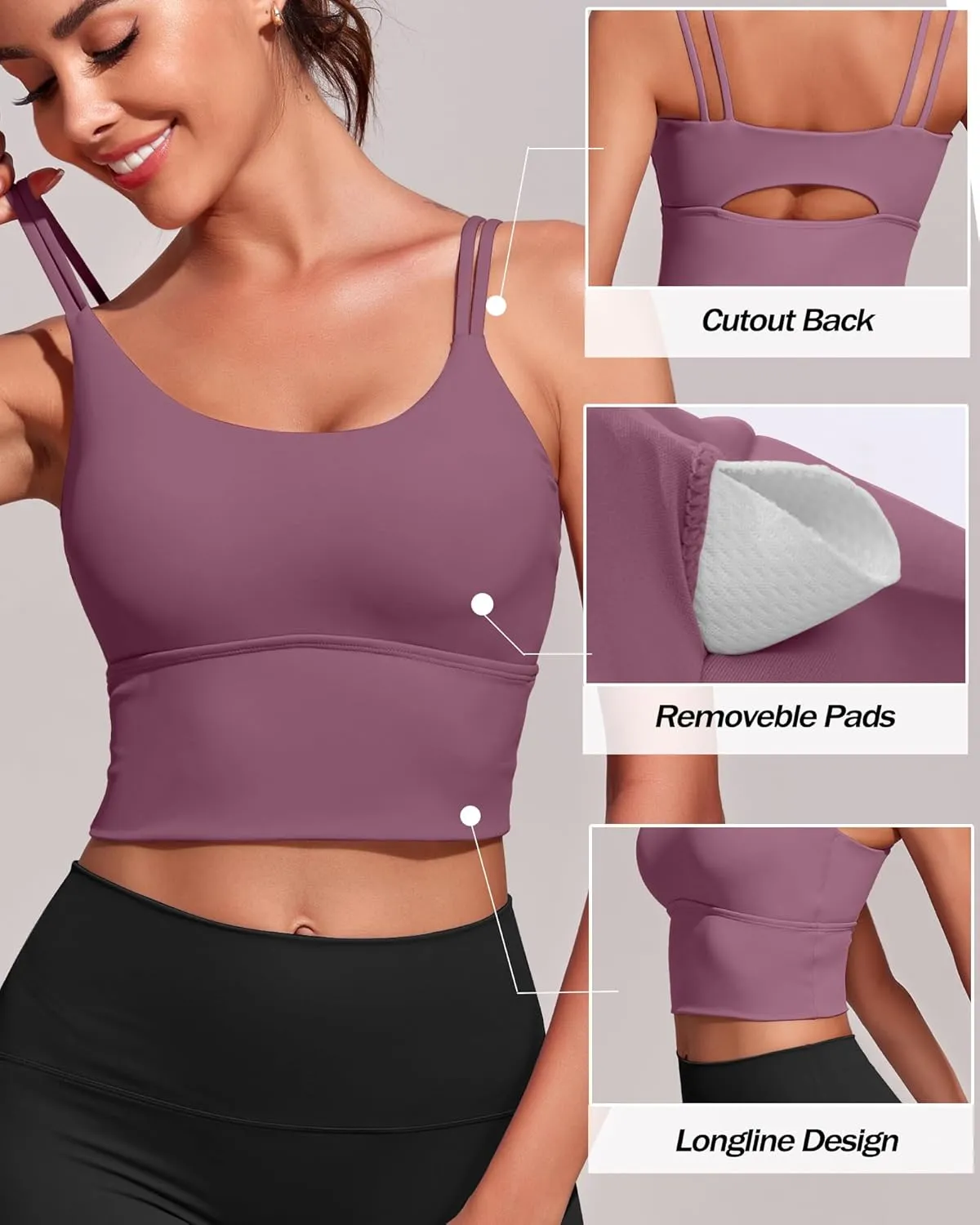 Everrysea Sports Bras for Women High Support Longline Workout Tank Tops Built in Bra Strappy Yoga Padded Crop Top