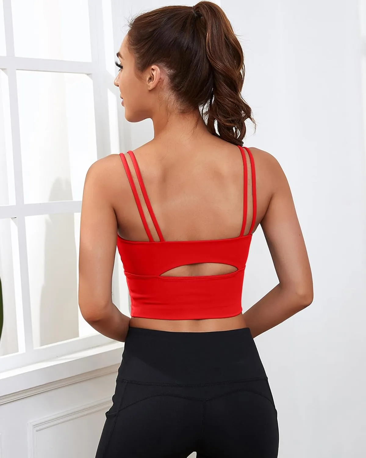 Everrysea Sports Bras for Women High Support Longline Workout Tank Tops Built in Bra Strappy Yoga Padded Crop Top