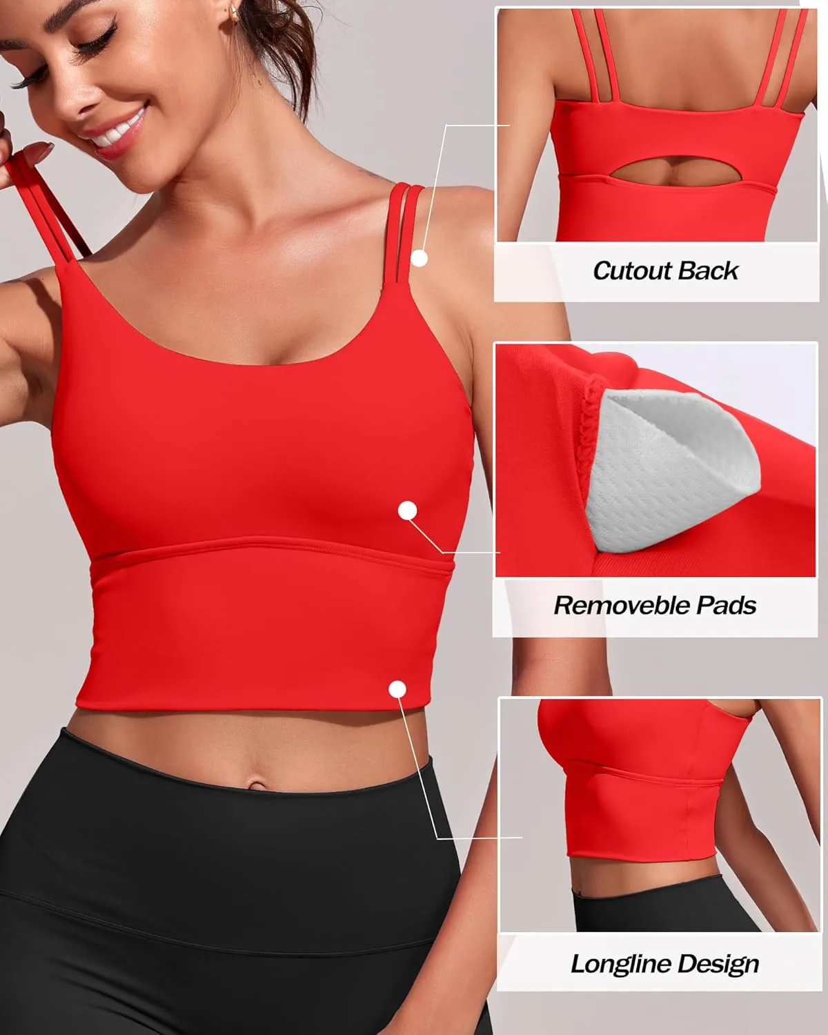Everrysea Sports Bras for Women High Support Longline Workout Tank Tops Built in Bra Strappy Yoga Padded Crop Top