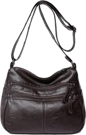Fashion Casual Women's Retro Soft Leather Zipper Double Pocket Shoulder Messenger Bags Rustic Shoulder (Brown, One Size)