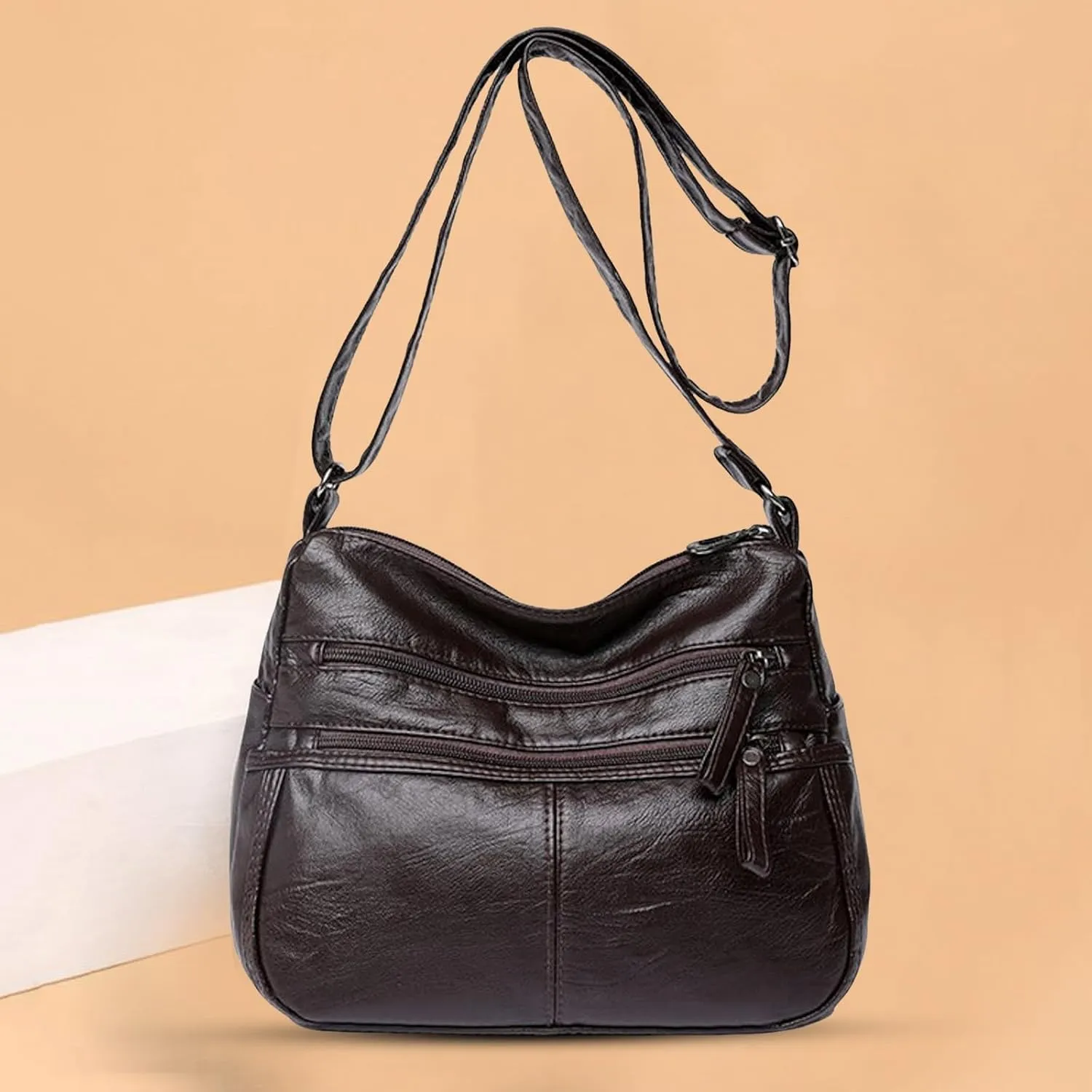 Fashion Casual Women's Retro Soft Leather Zipper Double Pocket Shoulder Messenger Bags Rustic Shoulder (Brown, One Size)