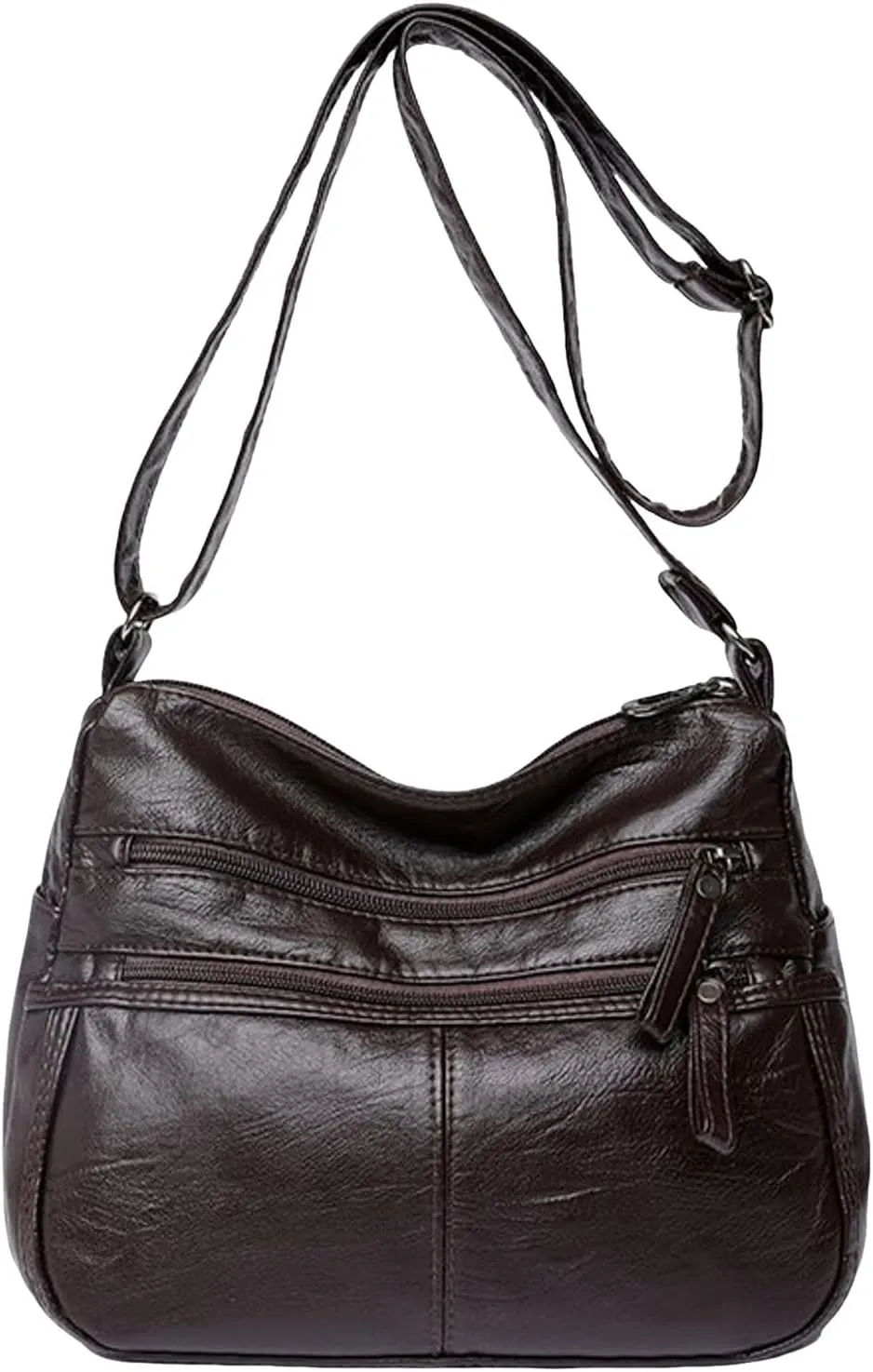 Fashion Casual Women's Retro Soft Leather Zipper Double Pocket Shoulder Messenger Bags Rustic Shoulder (Brown, One Size)