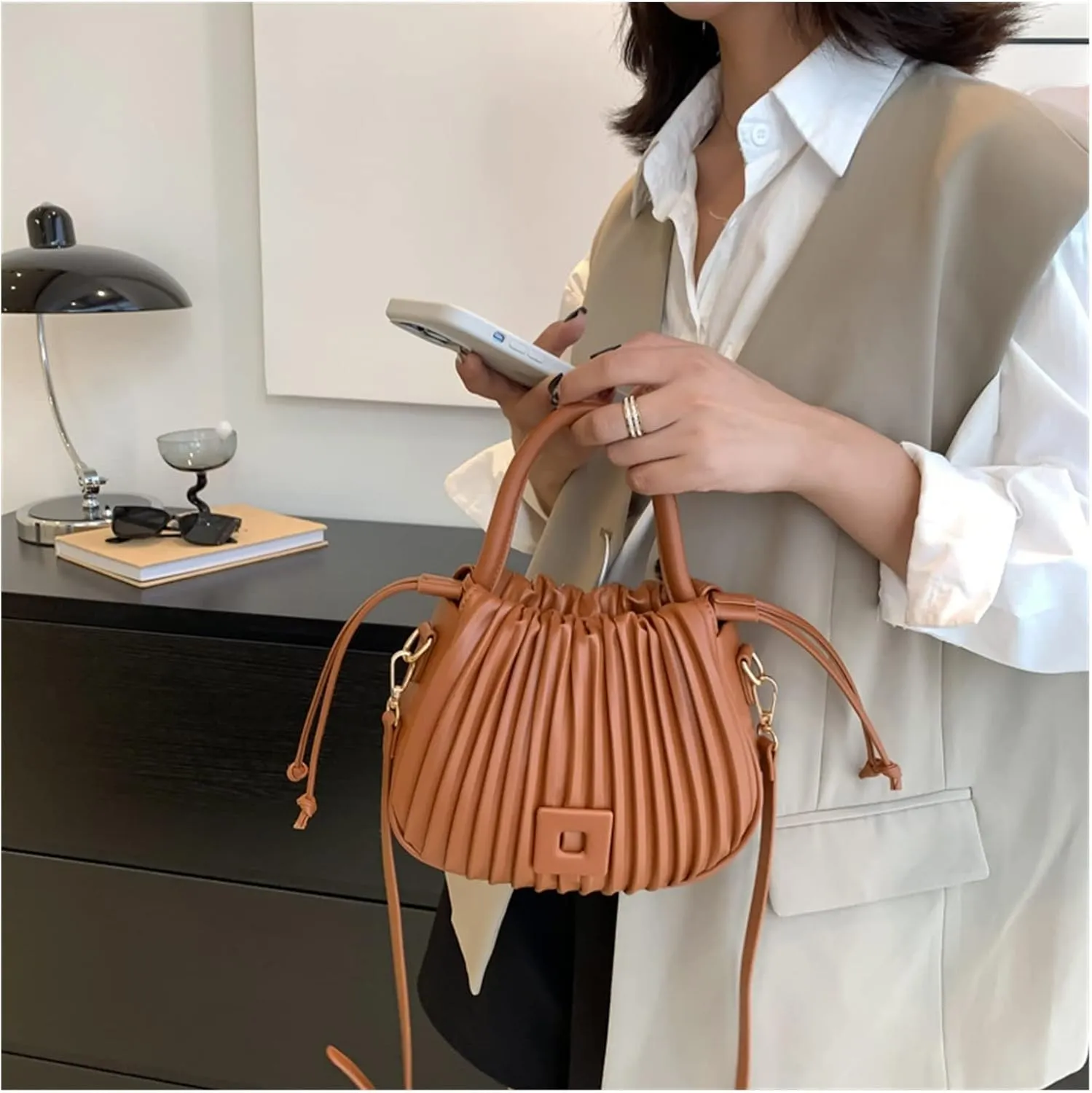 Fashion Handbags Women Shoulder Crossbody Bags For Women Tote PU Leather Bucket Bag(Brown)