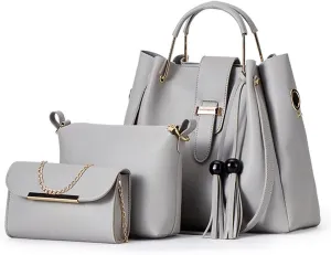 Fashion Women Bucket Handbag Large Capacity PU Leather Shoulder Bag Female Wild 3 Pcs Set Retro Tote Tassel