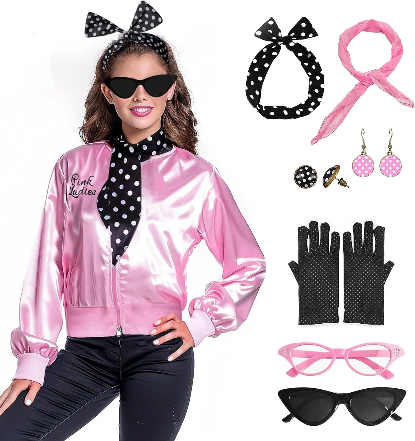 FAYBOX Pink Ladies Jacket Grease 50s Outfit Costume for Women,Halloween Costumes Accessories Adults