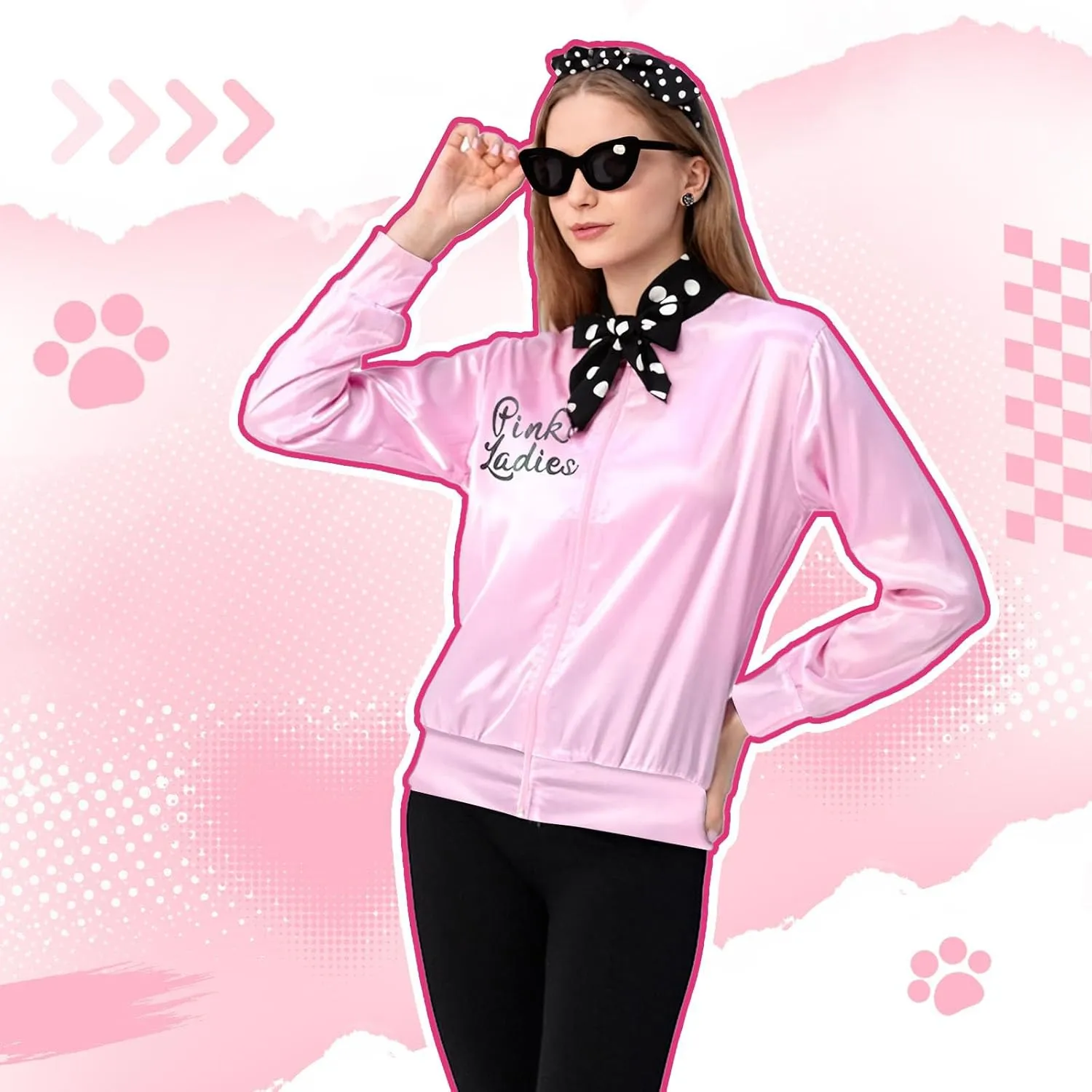 FAYBOX Pink Ladies Jacket Grease 50s Outfit Costume for Women,Halloween Costumes Accessories Adults