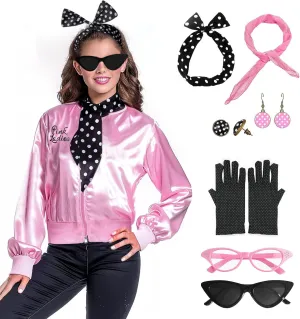 FAYBOX Pink Ladies Jacket Grease 50s Outfit Costume for Women,Halloween Costumes Accessories Adults