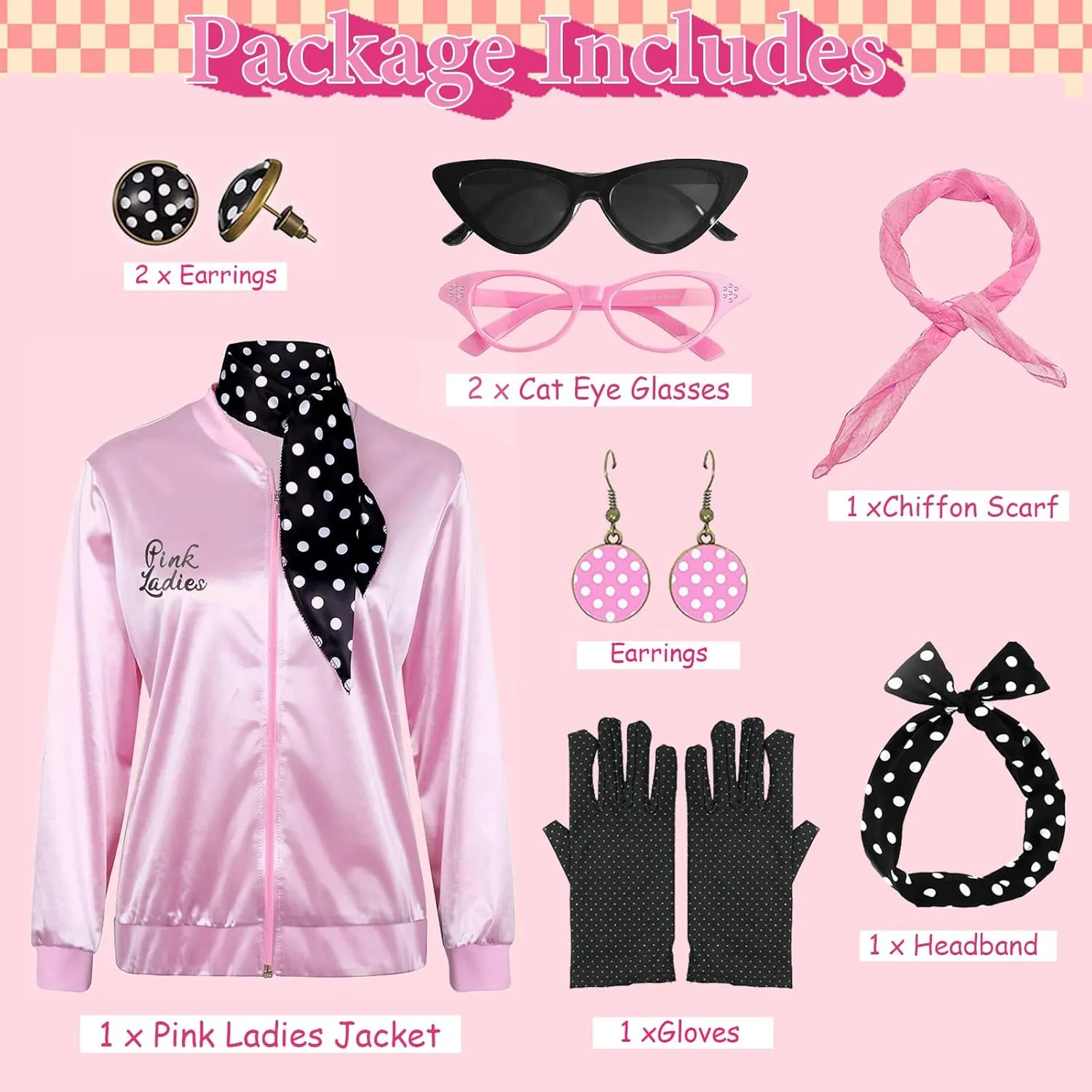 FAYBOX Pink Ladies Jacket Grease 50s Outfit Costume for Women,Halloween Costumes Accessories Adults