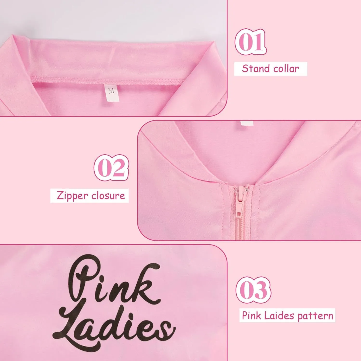 FAYBOX Pink Ladies Jacket Grease 50s Outfit Costume for Women,Halloween Costumes Accessories Adults