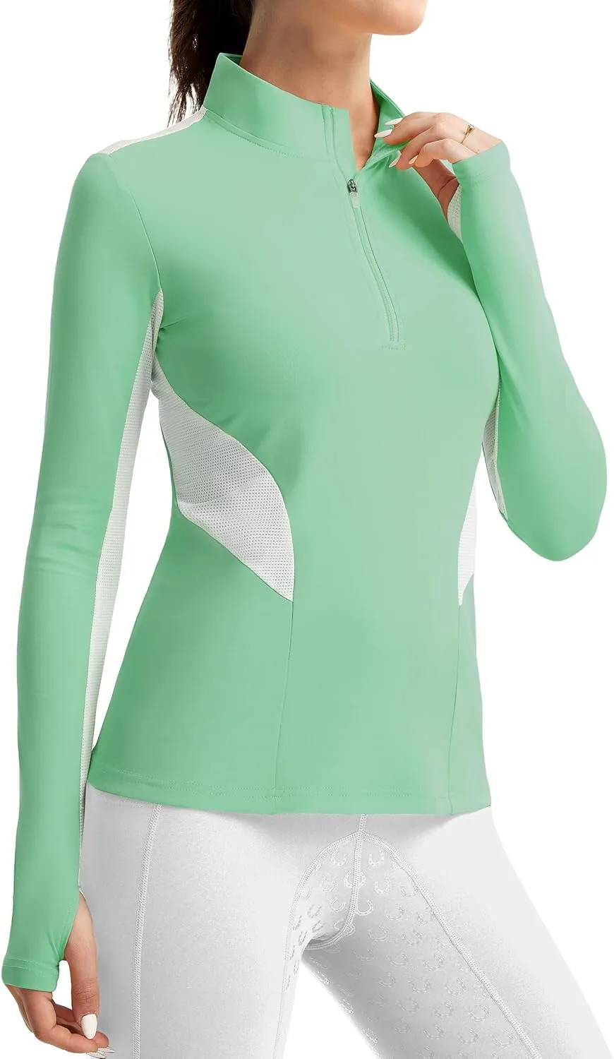 FitsT4 Sports Womens Equestrian Shirts Thumbholes Long Sleeve Horse Riding Shirts Quick Dry UPF50  Riding Top Half Zip