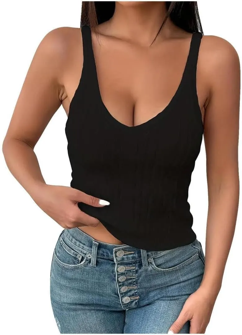 FMCHICO Womens V Neck Basic Tank Tops Workout Summer Ribbed Camisole Slim Fit Sleeveless Tops