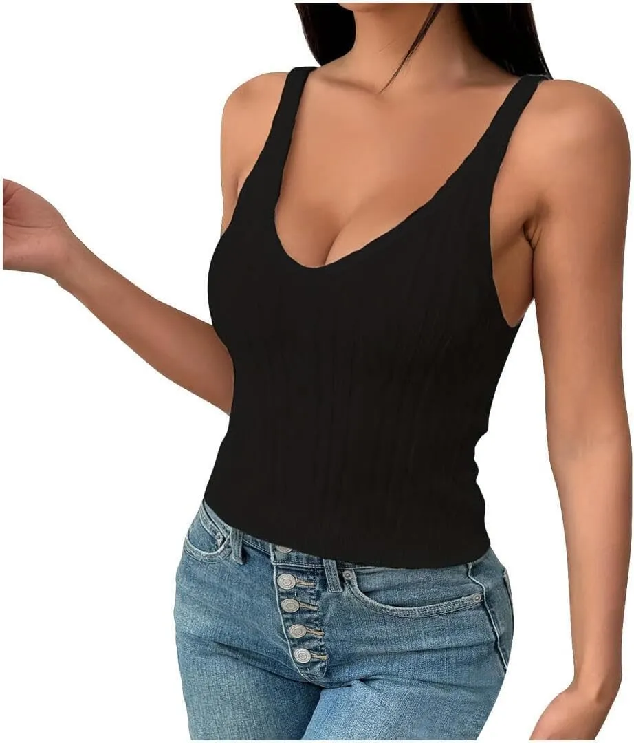 FMCHICO Womens V Neck Basic Tank Tops Workout Summer Ribbed Camisole Slim Fit Sleeveless Tops