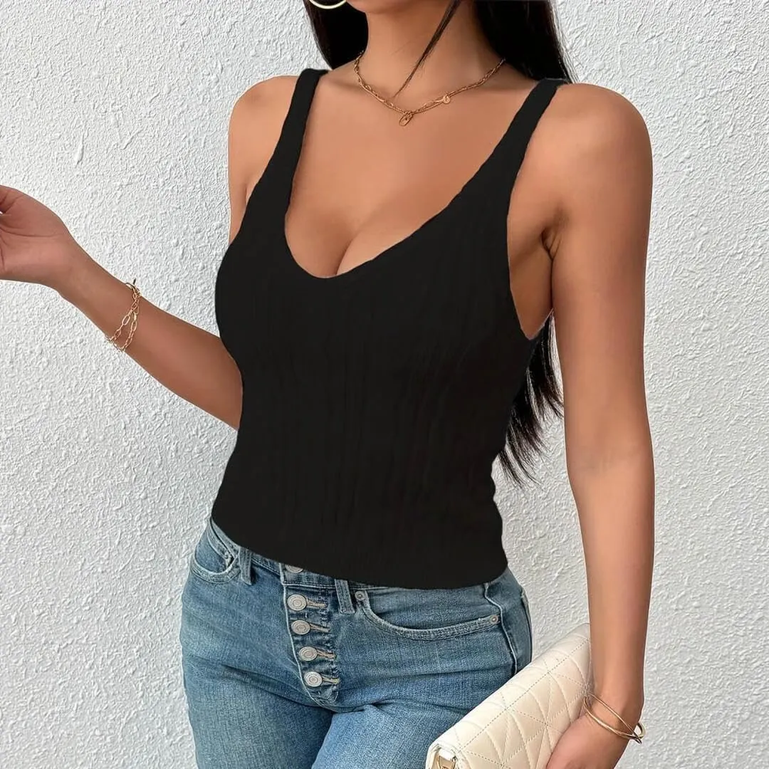 FMCHICO Womens V Neck Basic Tank Tops Workout Summer Ribbed Camisole Slim Fit Sleeveless Tops