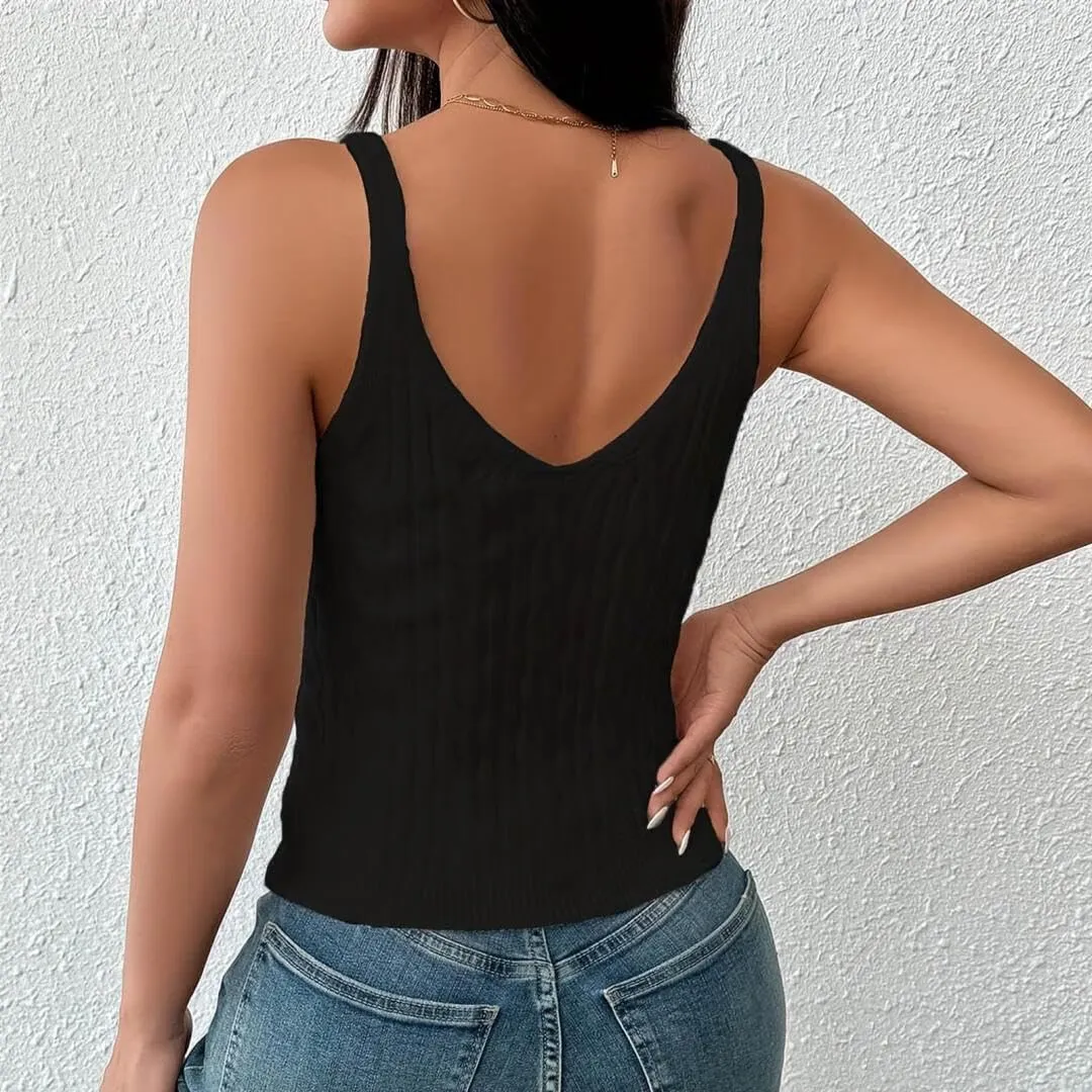 FMCHICO Womens V Neck Basic Tank Tops Workout Summer Ribbed Camisole Slim Fit Sleeveless Tops