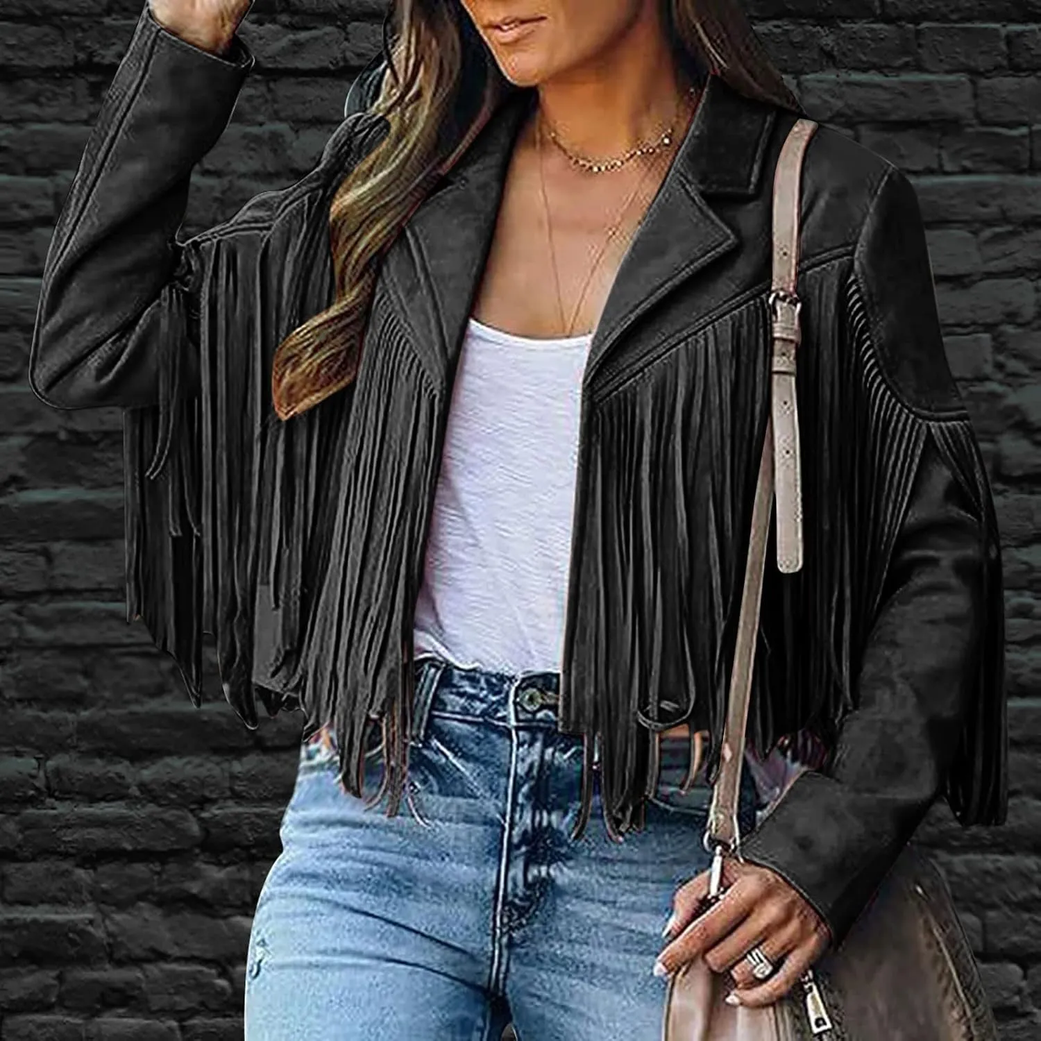 Fringe Coat for Women Solid Color Lapel Faux Suede Leather Cowboy Style Jacket Long Sleeve Tassels Cardigan Tops