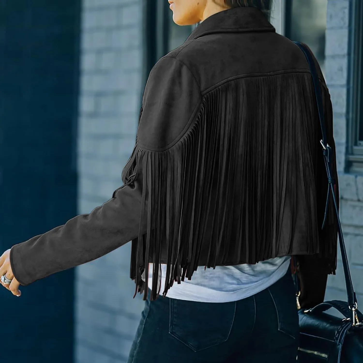 Fringe Coat for Women Solid Color Lapel Faux Suede Leather Cowboy Style Jacket Long Sleeve Tassels Cardigan Tops