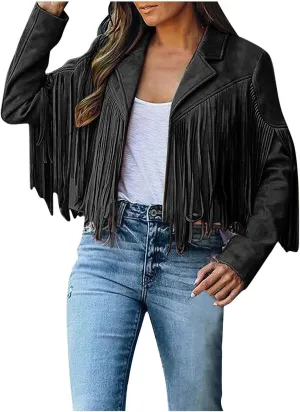 Fringe Coat for Women Solid Color Lapel Faux Suede Leather Cowboy Style Jacket Long Sleeve Tassels Cardigan Tops