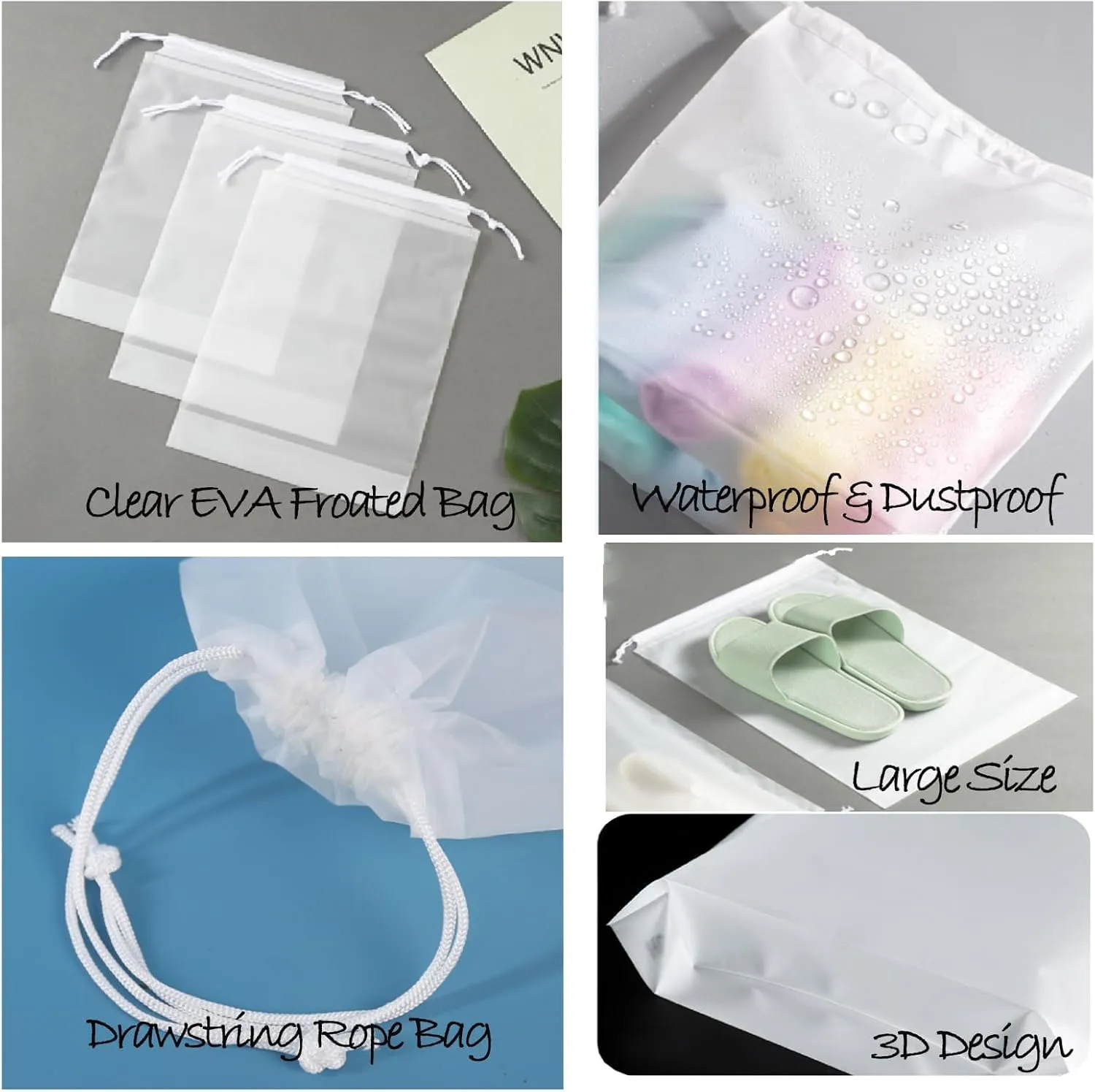 Frosted Clear Plastic Travel Shoe Bag for Men Woman Travel Organizer, 15Pcs Washable Translucent Drawstring Pouch with Rope for Golf GYM Sneaker Clothes Suitcase Home Packing Storage