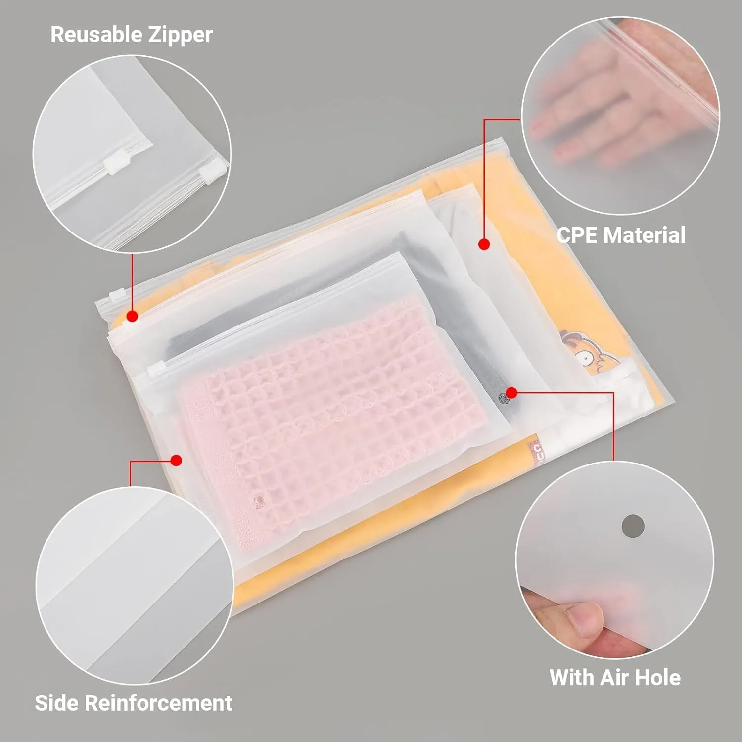 Frosted Zipper Bags for Clothes 25pcs, Plastic Shirt Bags for Packaging T-Shirt, Swimsuit, Bikini, Bathing Suit, 3 Mil, 10X8" with Vent Holes and Reinforced Sides