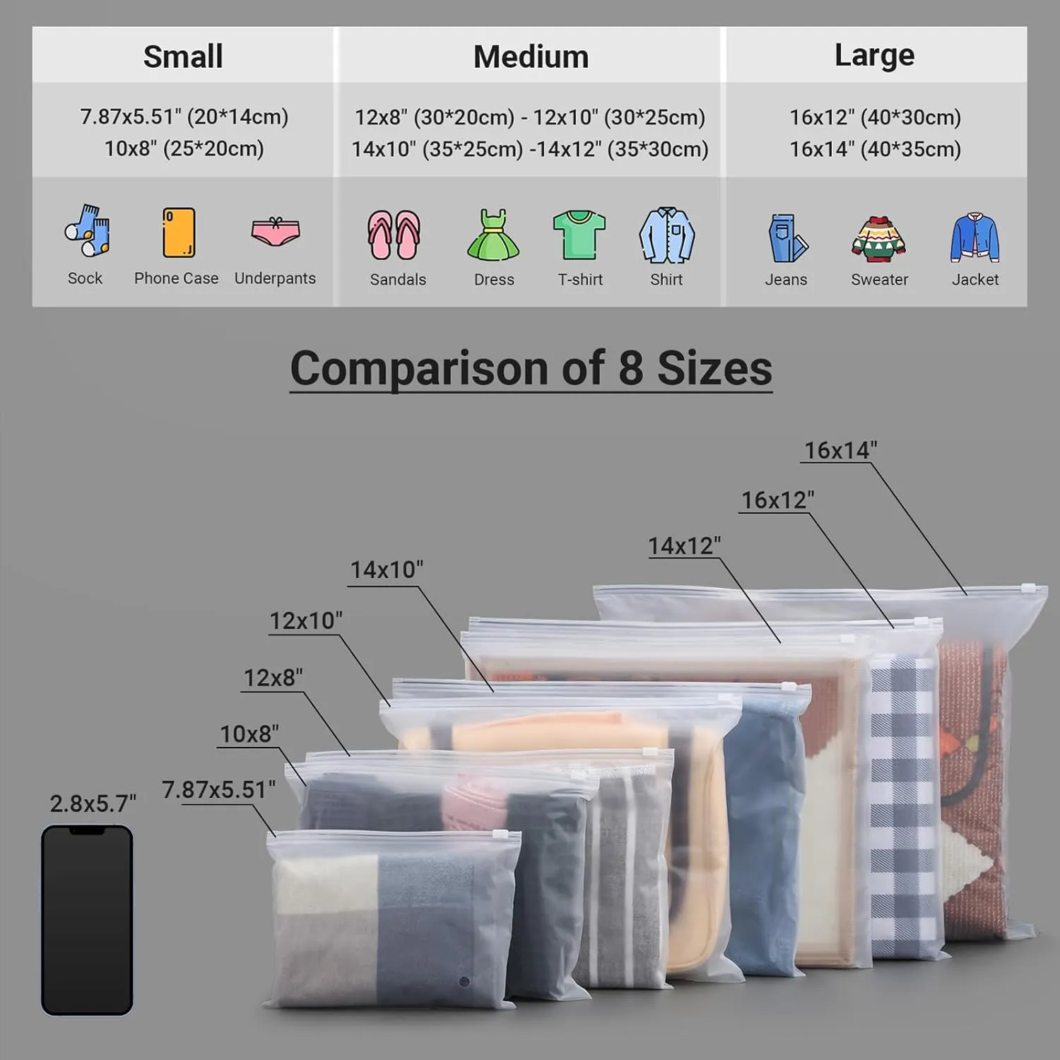 Frosted Zipper Bags for Clothes 25pcs, Plastic Shirt Bags for Packaging T-Shirt, Swimsuit, Bikini, Bathing Suit, 3 Mil, 10X8" with Vent Holes and Reinforced Sides