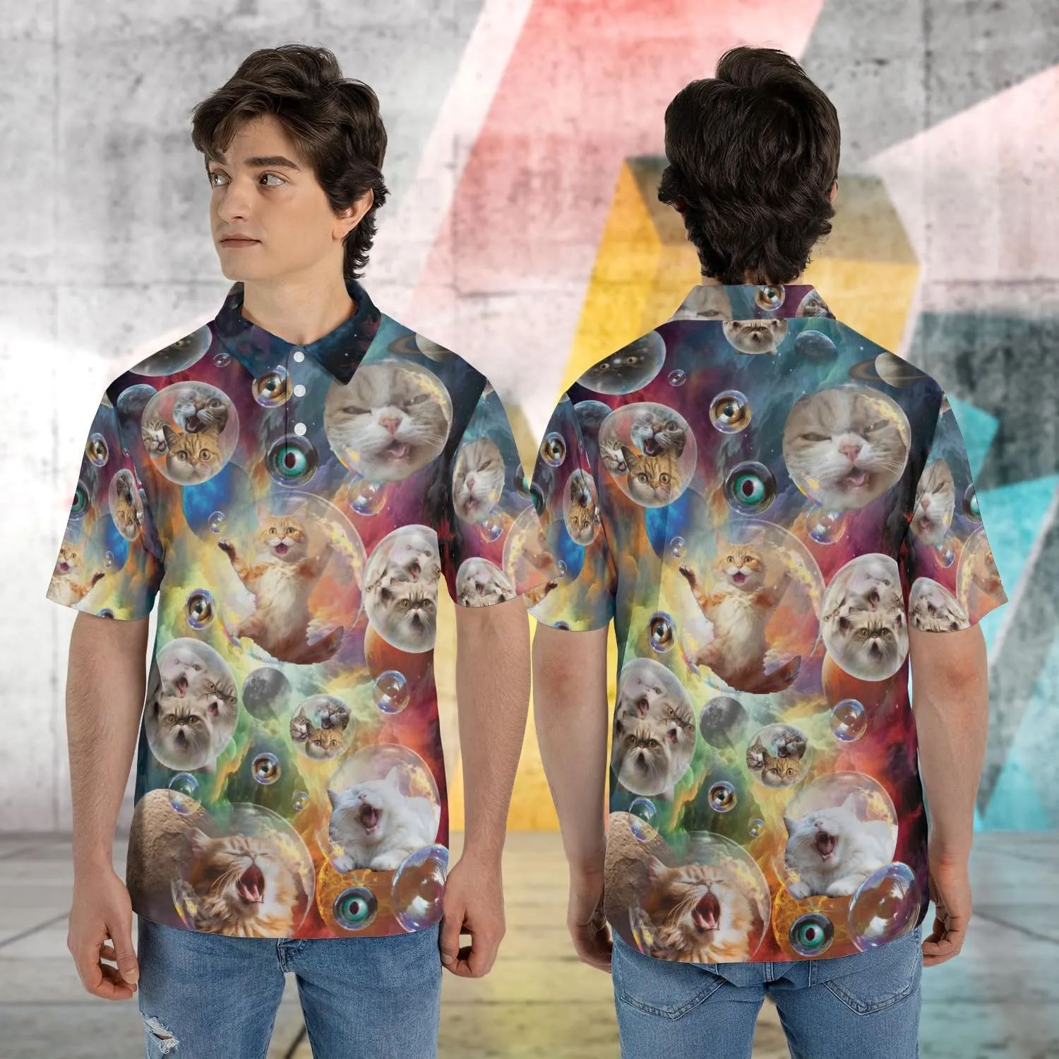 Funny Cat Polo Shirts for Men - Galaxy Cat Mens Quick Dry Short Sleeve Polo Shirts Series 27