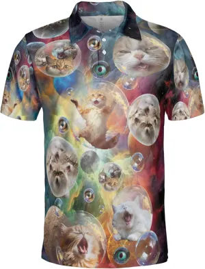 Funny Cat Polo Shirts for Men - Galaxy Cat Mens Quick Dry Short Sleeve Polo Shirts Series 27