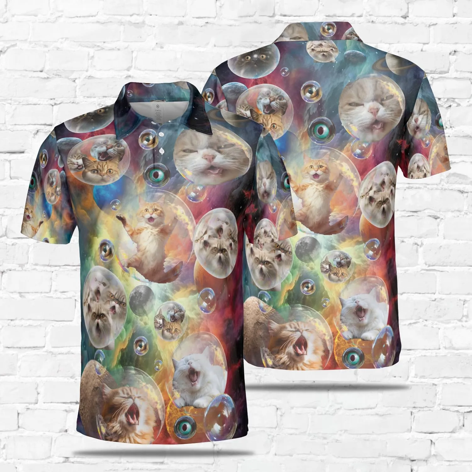 Funny Cat Polo Shirts for Men - Galaxy Cat Mens Quick Dry Short Sleeve Polo Shirts Series 27