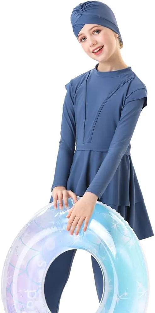 FYMNSI Kids Burkini Swimsuits Girls Baby Modest Muslim Swimwear Long Sleeve Swim Top Pants Hijab 3PCS Bathing Suit Rash Guard