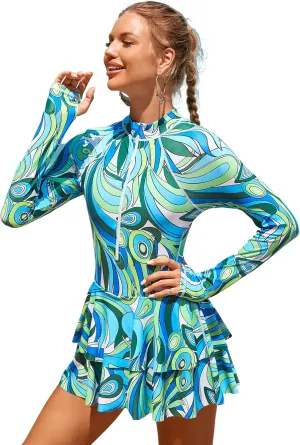 FYMNSI Women's Modest Rash Guard One Piece Swimsuit Zipper Long Sleeve Swim Dress with Shorts Bathing Suit Athletic Swimskirt
