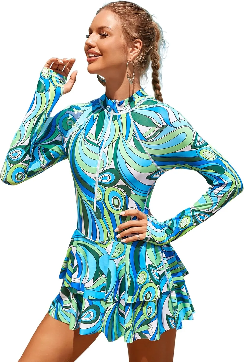 FYMNSI Women's Modest Rash Guard One Piece Swimsuit Zipper Long Sleeve Swim Dress with Shorts Bathing Suit Athletic Swimskirt