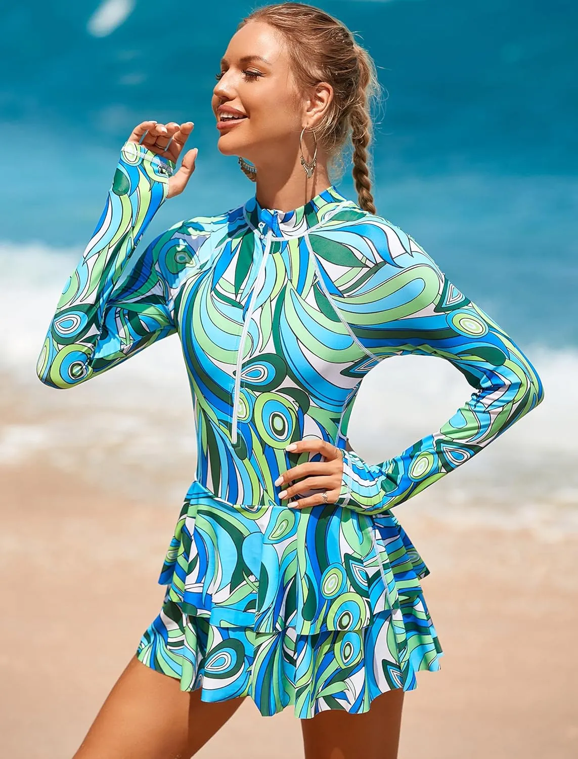 FYMNSI Women's Modest Rash Guard One Piece Swimsuit Zipper Long Sleeve Swim Dress with Shorts Bathing Suit Athletic Swimskirt
