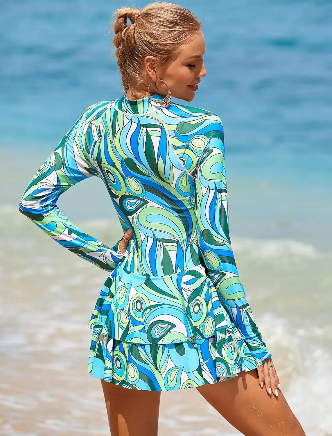 FYMNSI Women's Modest Rash Guard One Piece Swimsuit Zipper Long Sleeve Swim Dress with Shorts Bathing Suit Athletic Swimskirt