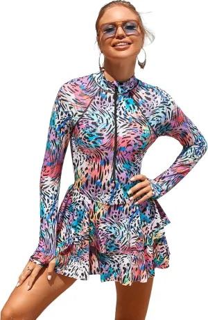 FYMNSI Women's Modest Rash Guard One Piece Swimsuit Zipper Long Sleeve Swim Dress with Shorts Bathing Suit Athletic Swimskirt