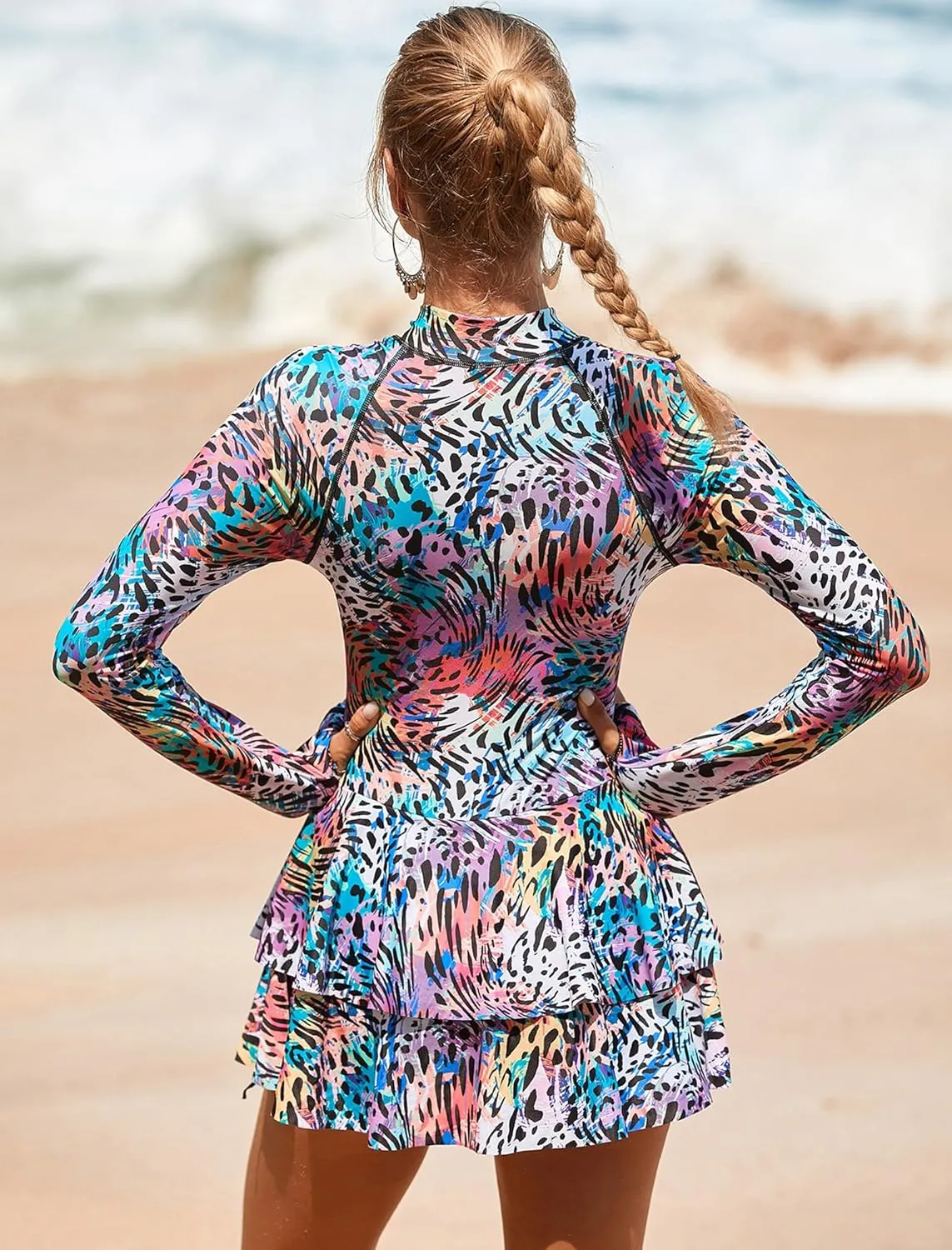 FYMNSI Women's Modest Rash Guard One Piece Swimsuit Zipper Long Sleeve Swim Dress with Shorts Bathing Suit Athletic Swimskirt