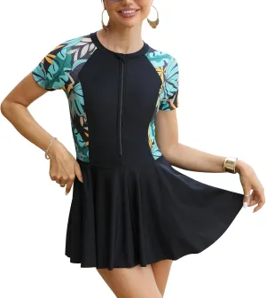 FYMNSI Womens Rash Guard One Piece Swimsuit Zipper Short Sleeve Swim Dress with Shorts Modest Bathing Suit Athletic Swimskirt