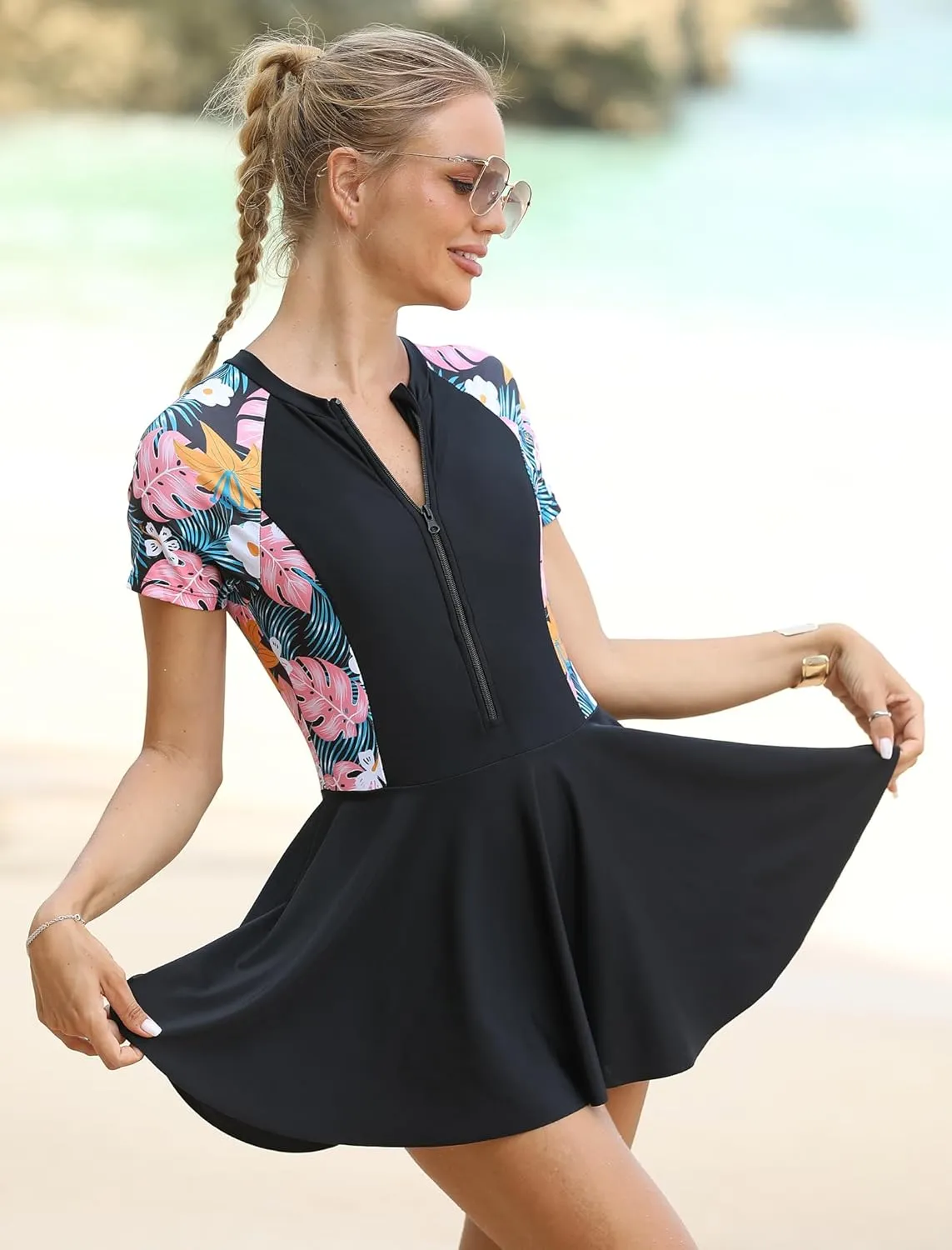 FYMNSI Womens Rash Guard One Piece Swimsuit Zipper Short Sleeve Swim Dress with Shorts Modest Bathing Suit Athletic Swimskirt