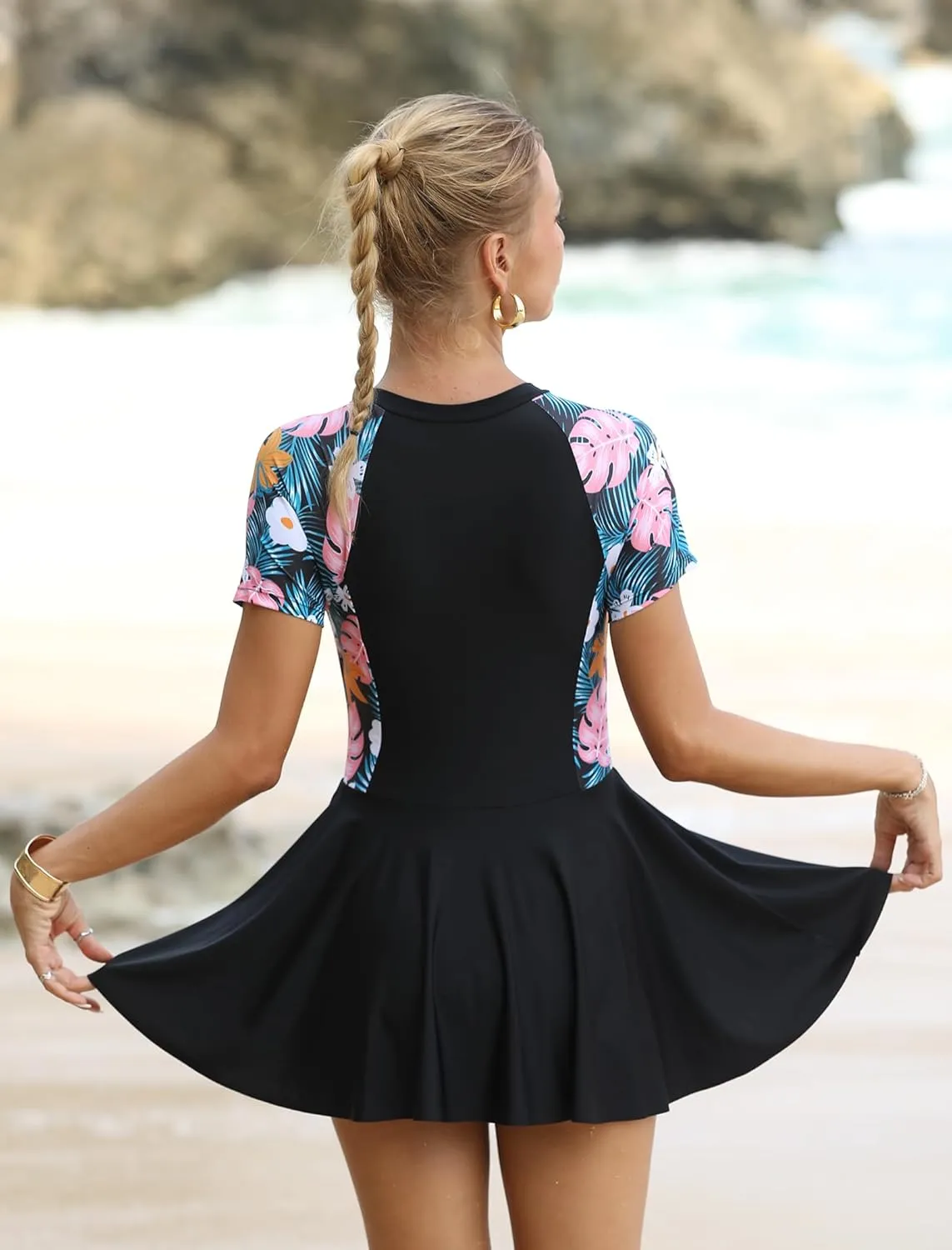 FYMNSI Womens Rash Guard One Piece Swimsuit Zipper Short Sleeve Swim Dress with Shorts Modest Bathing Suit Athletic Swimskirt