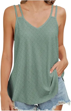 Generic 2024 Flowy Tank Tops for Women Sexy V Neck Sleeveless Spaghetti Strap Camisole Casual Summer Embroidery Eyelet Shirts
