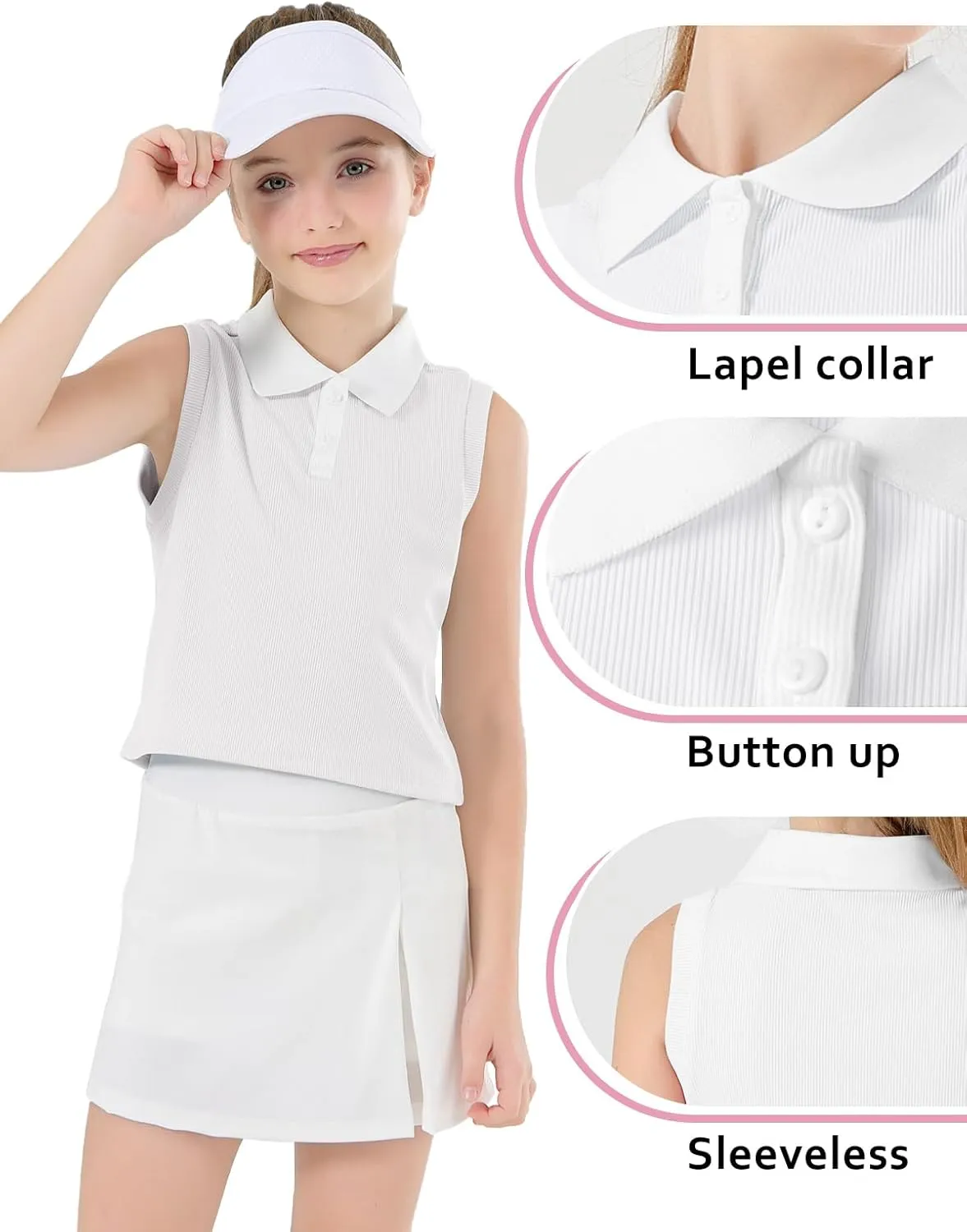 Girls Crop Tops Sleeveless Polo Shirts Athletic Tank Tops Golf Tennis T-Shirts with Collared Quick Dry Casual