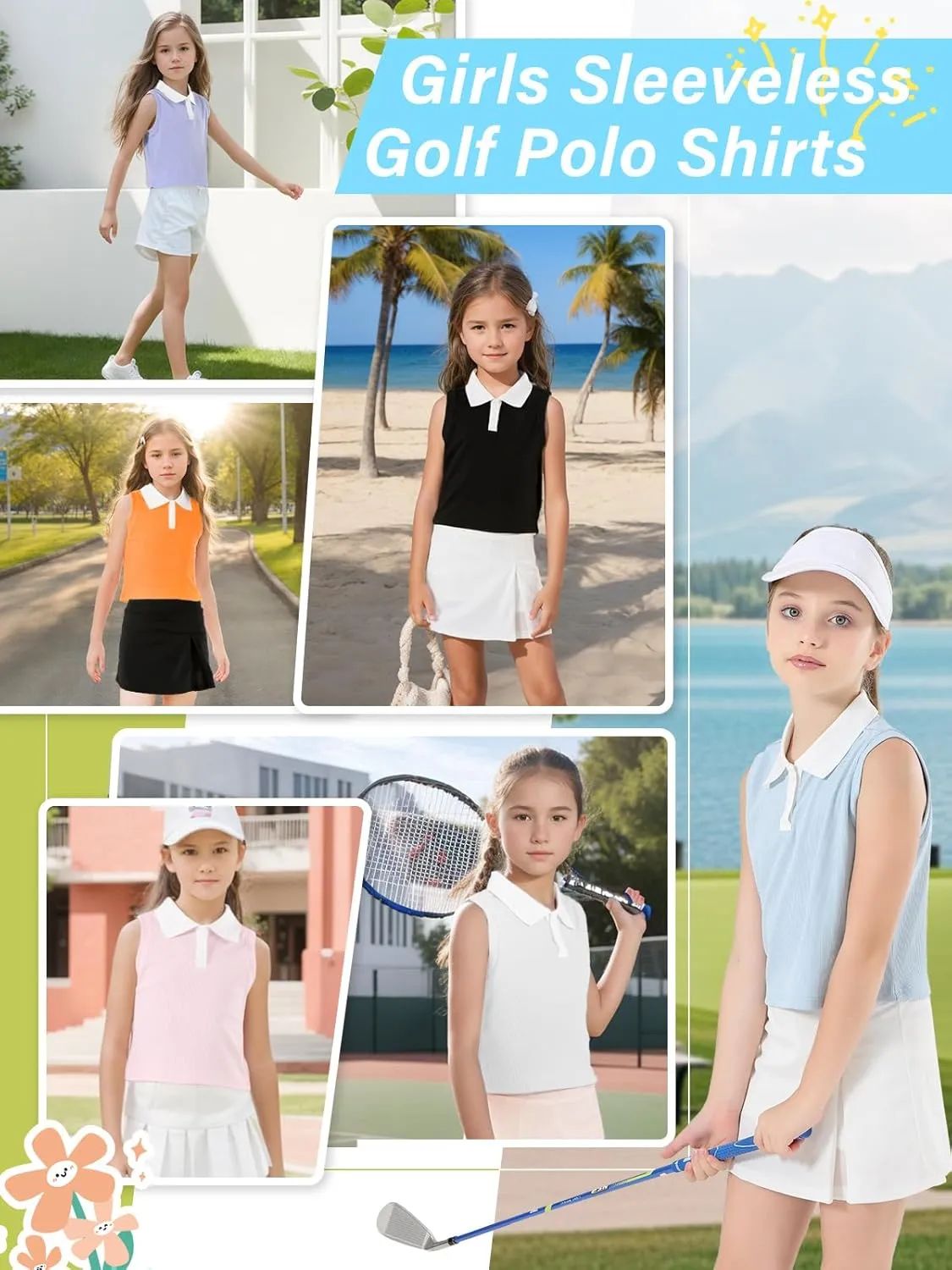 Girls Crop Tops Sleeveless Polo Shirts Athletic Tank Tops Golf Tennis T-Shirts with Collared Quick Dry Casual