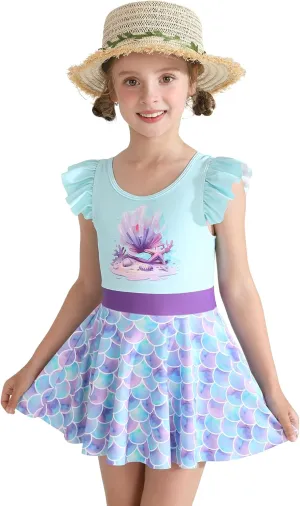 Girls One Piece Swimsuits with Skirt UPF 50  Floral Bright Bathing Suits for 3-10 Years