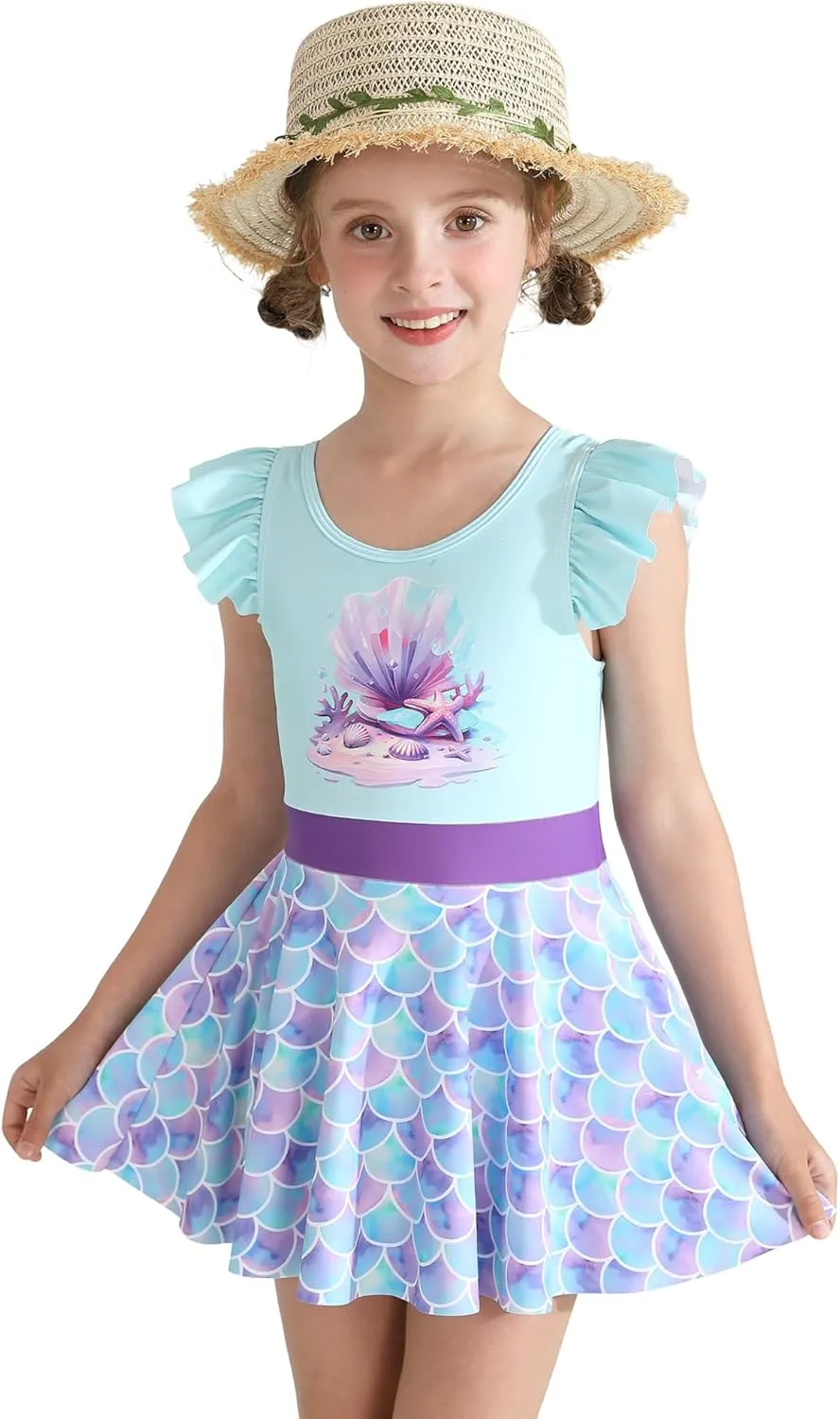 Girls One Piece Swimsuits with Skirt UPF 50  Floral Bright Bathing Suits for 3-10 Years