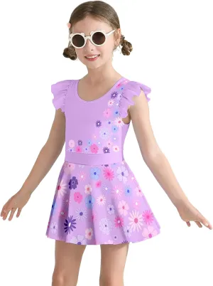 Girls One Piece Swimsuits with Skirt UPF 50  Floral Bright Bathing Suits for 3-10 Years