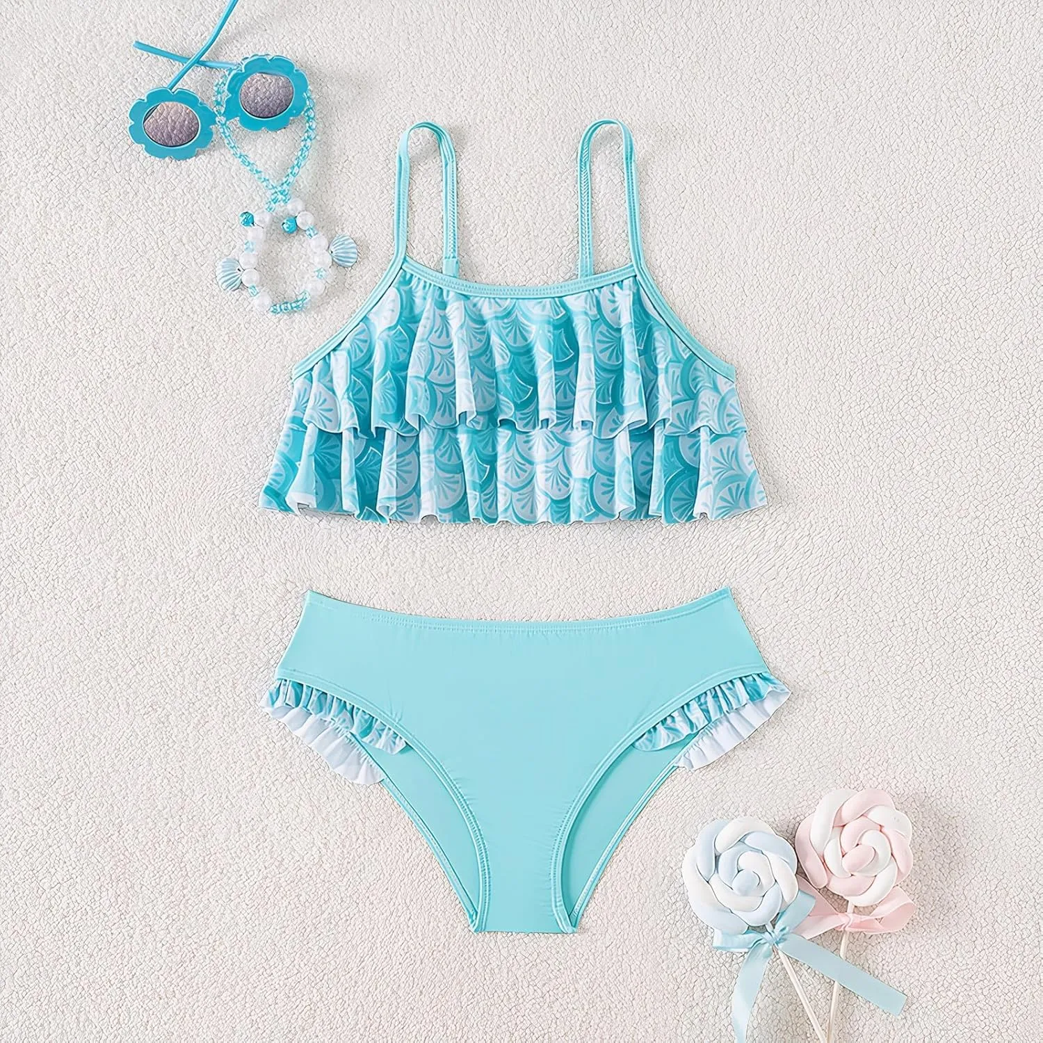 Girls' Swimsuit, Girls Bikini Adjustable Shoulder Strap with Lace Swimsuit Set 7-16Y
