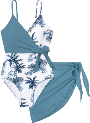 Girls Swimsuit One Piece Bathing Suit Tropical Floral with Adjustable Straps Girls'Swimwear with Cover Up 9-16T