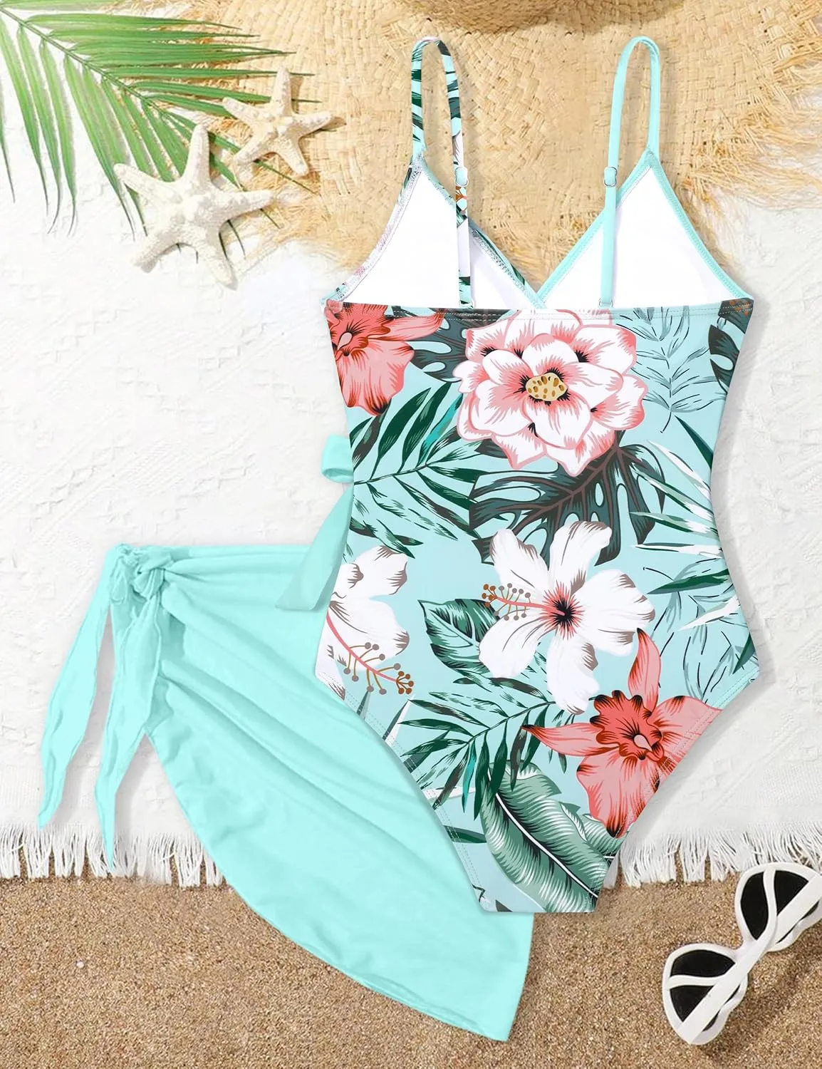 Girls Swimsuit One Piece Bathing Suit Tropical Floral with Adjustable Straps Girls'Swimwear with Cover Up 9-16T