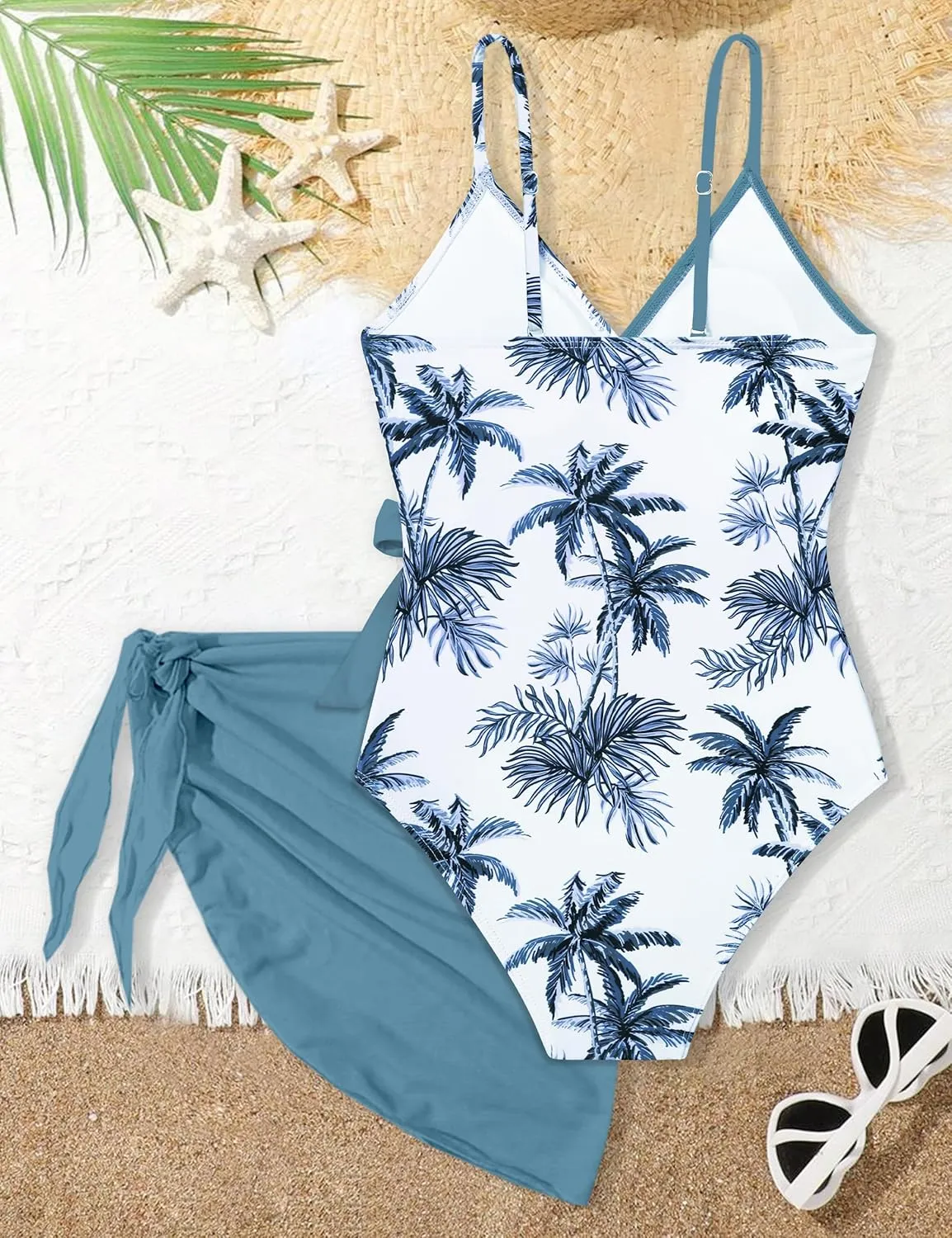 Girls Swimsuit One Piece Bathing Suit Tropical Floral with Adjustable Straps Girls'Swimwear with Cover Up 9-16T